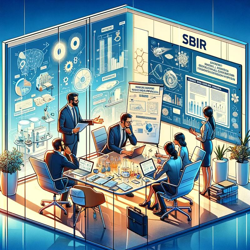 An illustration of a professional workspace focused on crafting SBIR proposals, featuring a team reviewing detailed documents on laptops and large screens displaying graphs, technical diagrams, and structured templates. Symbols like a magnifying glass for precision, a compliance checklist, and innovation-focused elements such as lightbulbs and gears highlight the focus on accuracy and strategic planning in technical writing.