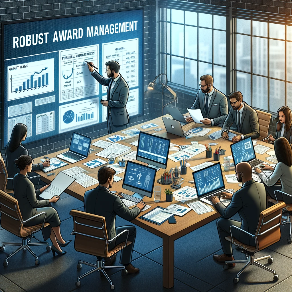 An illustration of a modern office where a grant management team collaborates efficiently, with digital dashboards displaying metrics, timelines, and compliance checklists. Organized filing systems, calendar reminders, and progress charts emphasize streamlined workflows and best practices in managing grant awards, with a focus on financial stewardship and accountability.